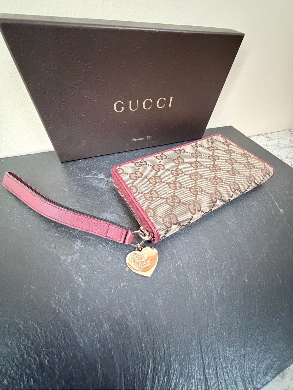 Gucci Beige GG Canvas Wristlet with Pink Trim and Gold Heart Charm